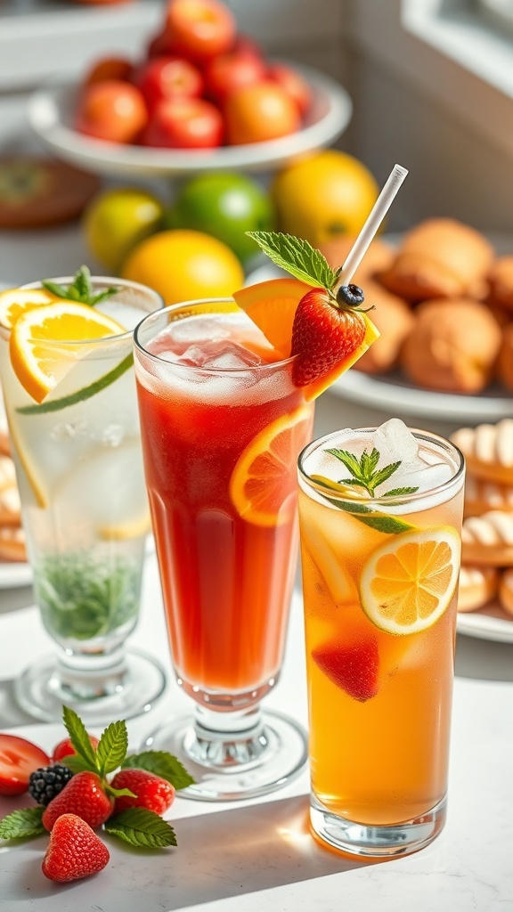 A colorful assortment of non-alcoholic brunch drinks: citrus sparkler, berry smoothie, and herbal iced tea on a brunch table.